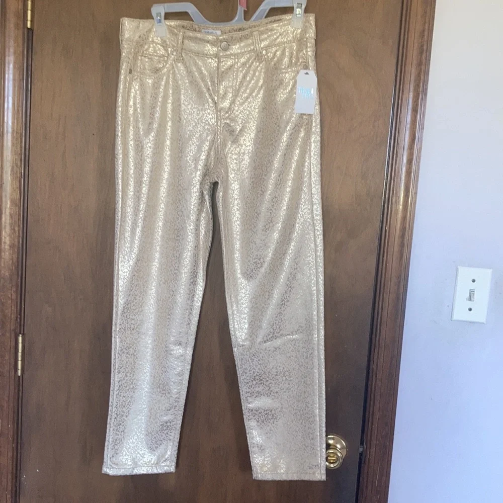 Relist2/20 Mid rise slim fit straight pant w metallic gold spatter print - Picture 9 of 16